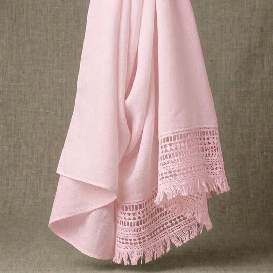Baby pink lawn hijab with lace border and fringe edge detail
