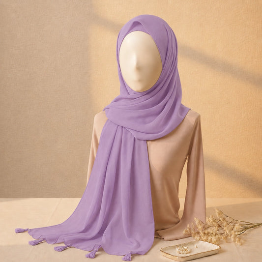 Lavender lawn tassel hijab with lightweight breathable lawn fabric