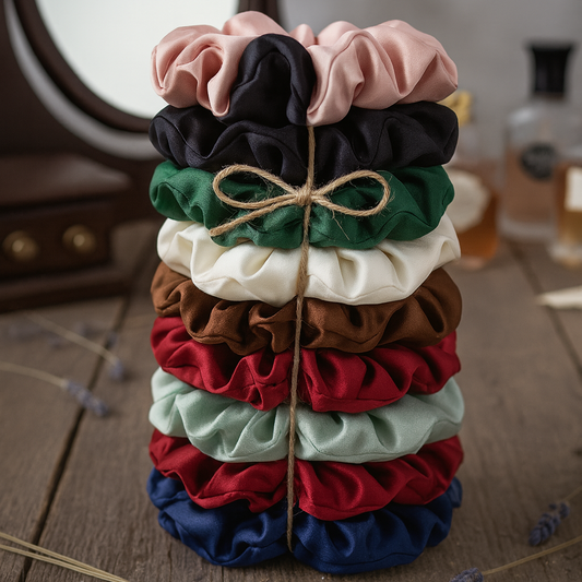 Stack of colorful scrunchies tied with twine on a wooden surface with a blurred background