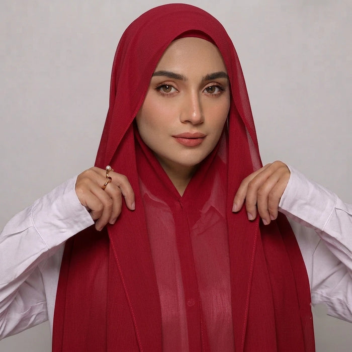 Ruby Red instant magnetic chiffon hijab with attached undercap ready to wear pinless hijab for women Pakistan