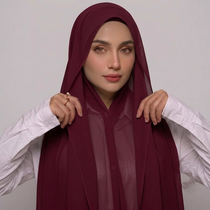 Maroon instant magnetic chiffon hijab with attached undercap ready to wear pinless hijab for women Pakistan