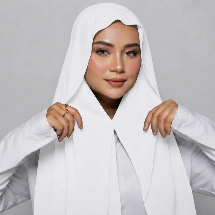 White Built-in Magnet Chiffon Hijab with attached undercap instant pinless magnetic hijab for women Pakistan