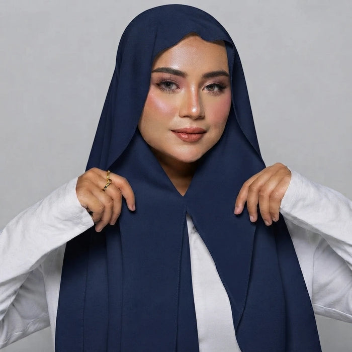 Navy built in magnet chiffon hijab with attached undercap instant ready to wear hijab Pakistan