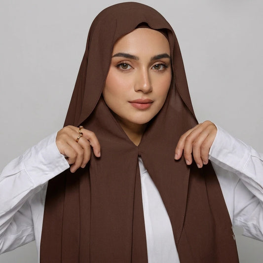 Mocha Brown instant magnetic chiffon hijab with attached undercap ready to wear pinless hijab Pakistan