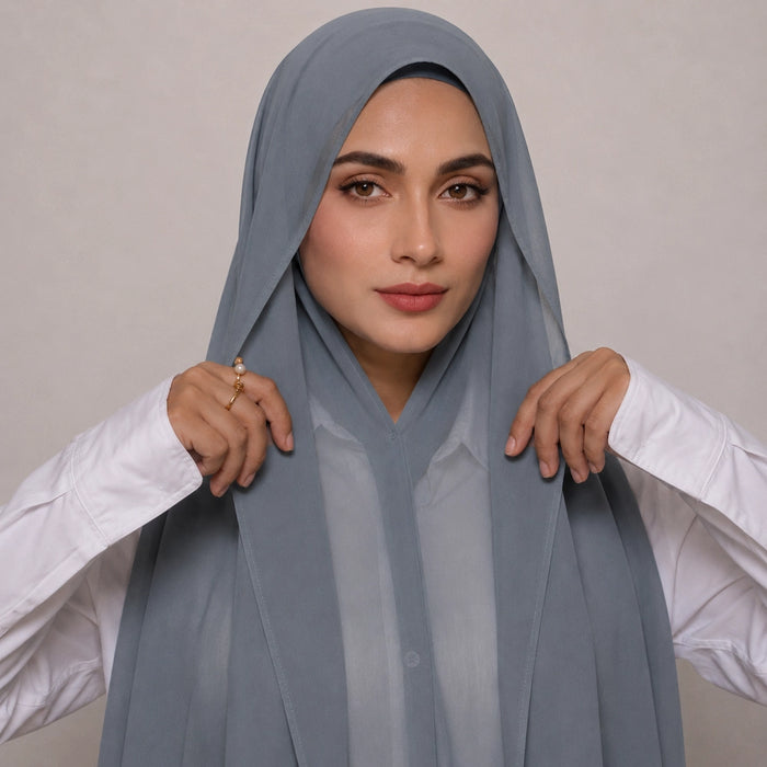 Slate Grey premium magnetic chiffon hijab with attached undercap ready to wear instant hijab Pakistan