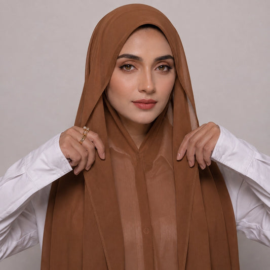 Cinnamon Brown magnetic chiffon hijab with attached cap instant one piece hijab Pakistan