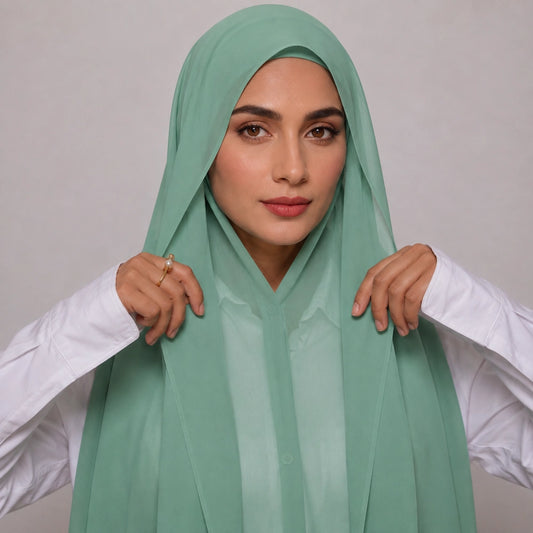 Mint Green instant magnetic chiffon hijab with attached cap lightweight hijab Pakistan