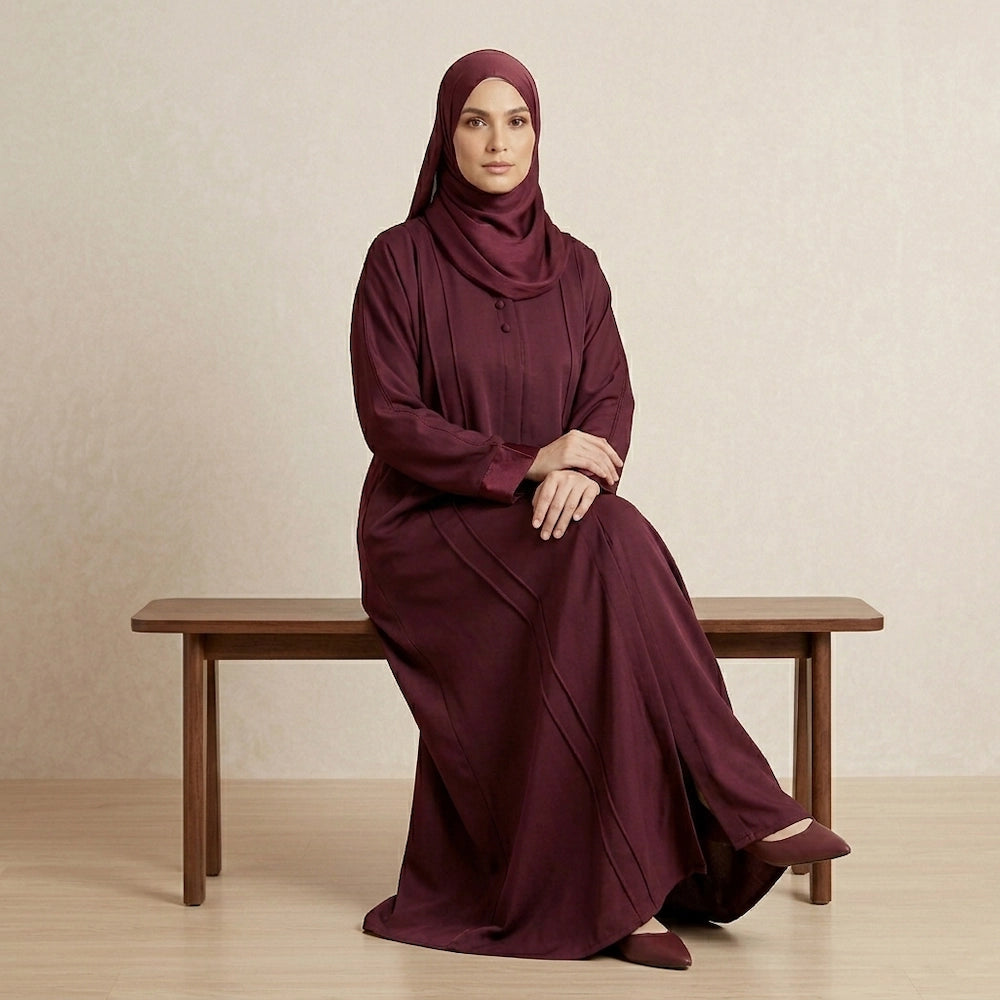 Maroon front open abaya with right side zip pocket
