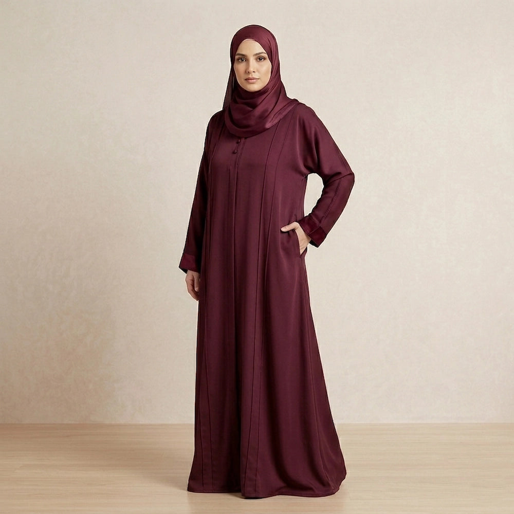Maroon front open abaya with right side zip pocket