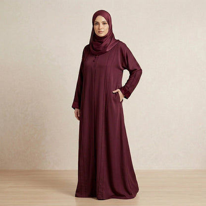 Maroon front open abaya with right side zip pocket