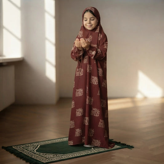 Maroon Kids Arabic Namaz Chaddar Prayer Dress for Girls with Attached Hood and Full Coverage