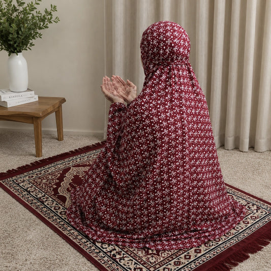 Maroon Printed Namaz Chaddar for Women with Built In Veil and Elastic Sleeves