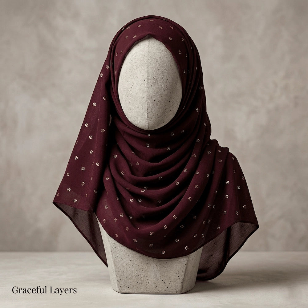 deep maroon lawn hijab with gold floral foil elegant breathable summer hijab
