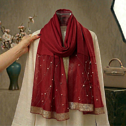 beige pearl embellished organza hijab with neutral elegant drape for formal and everyday styling
