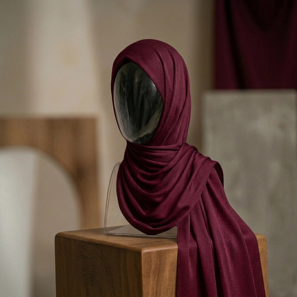 Maroon silk hijab with rich glow elegant formal style
