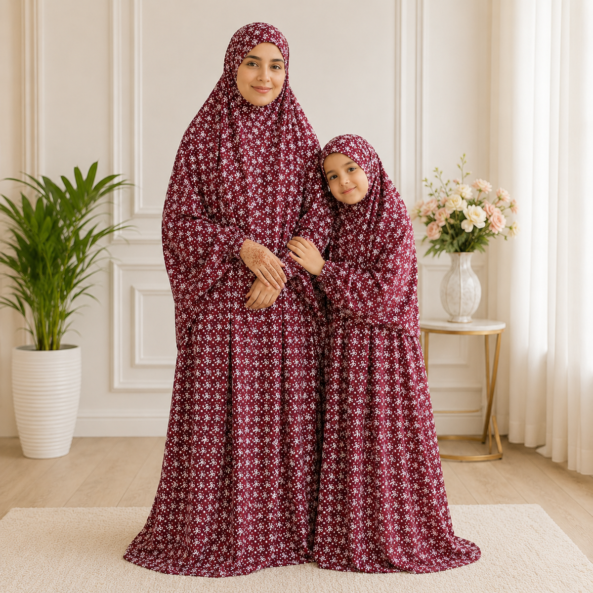 Maroon Mother and Daughter Matching Namaz Chaddar Set with Attached Veils