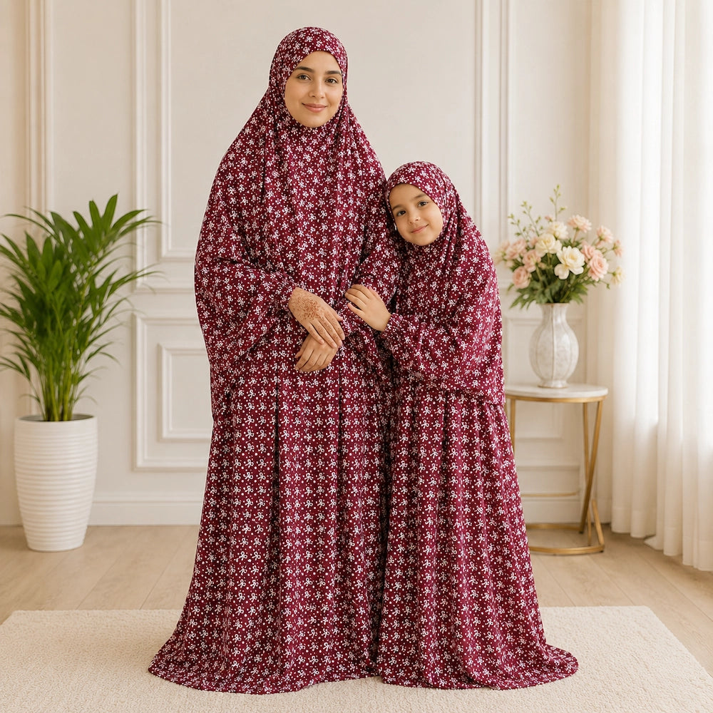 Maroon Mother and Daughter Matching Namaz Chaddar Set with Attached Veils