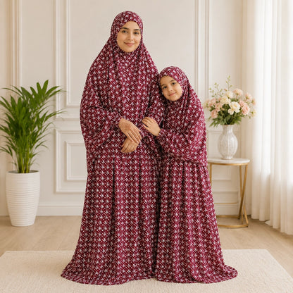 Maroon Mother and Daughter Matching Namaz Chaddar Set with Attached Veils
