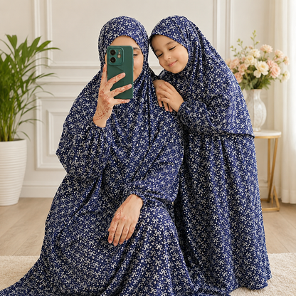 Navy Blue Mother and Daughter Matching Namaz Chaddar Set with Attached Veils and Full Coverage Design