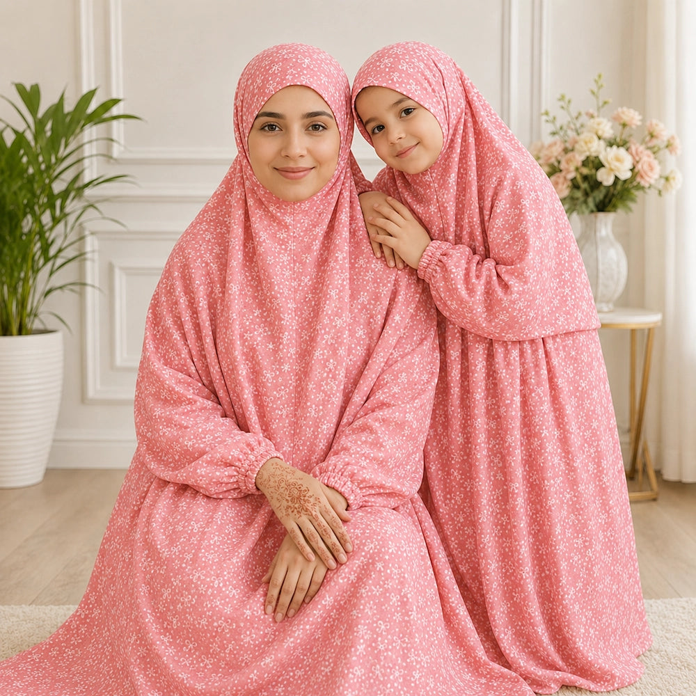 Pink Mother and Daughter Matching Namaz Chaddar Set with Attached Veils and Elastic Sleeves