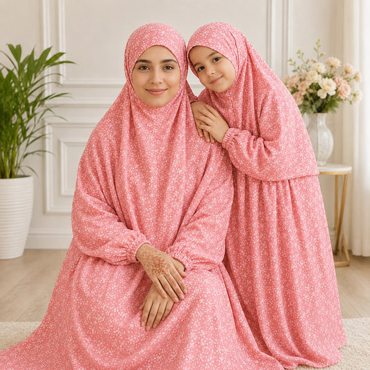 Pink Mother and Daughter Matching Namaz Chaddar Set with Attached Veils and Elastic Sleeves
