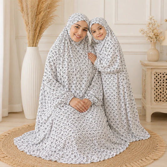 White Mother and Daughter Matching Namaz Chaddar Set with Full Coverage Prayer Wear