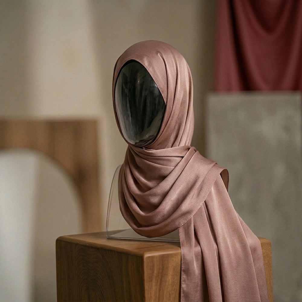 Rust silk hijab with warm glow elegant drape
