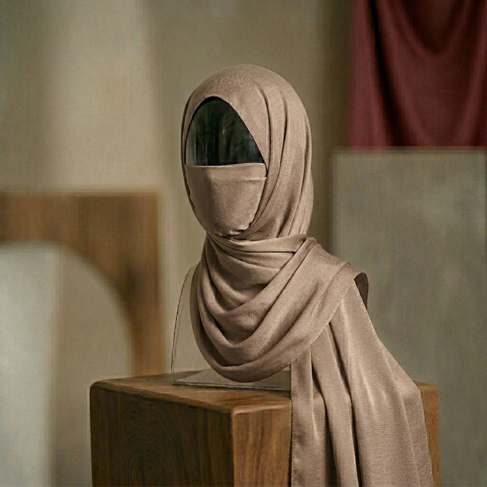 Metallic brown silk hijab with warm glow premium look
