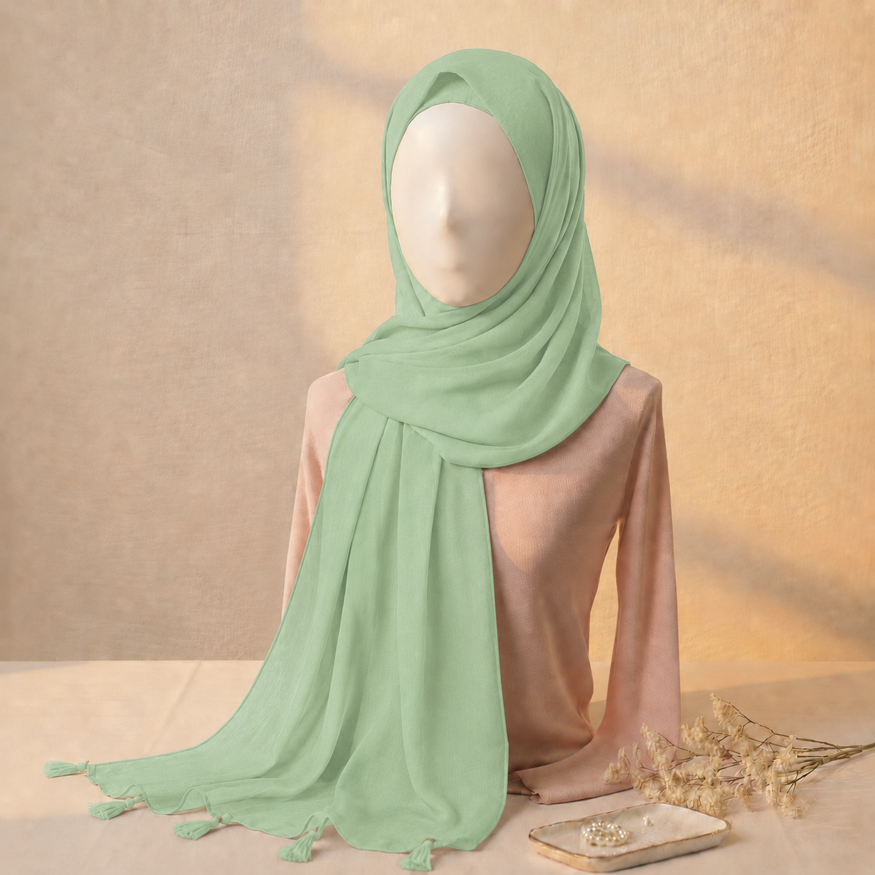 Mint lawn tassel hijab with breathable premium lawn fabric and tassel detailing