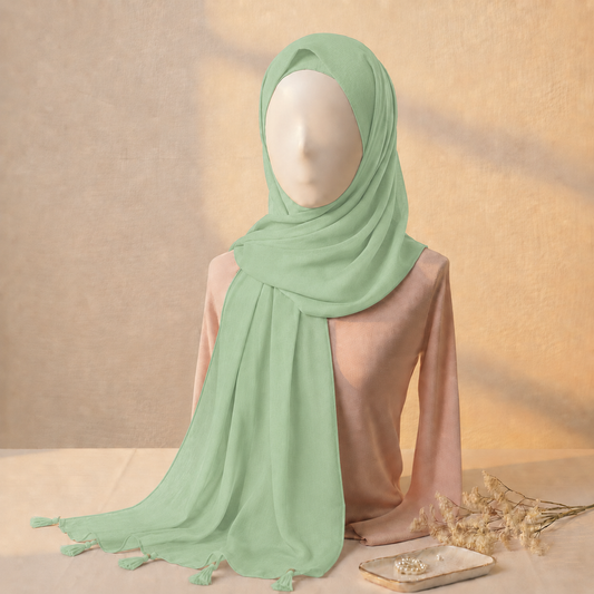 Mint lawn tassel hijab with breathable premium lawn fabric and tassel detailing