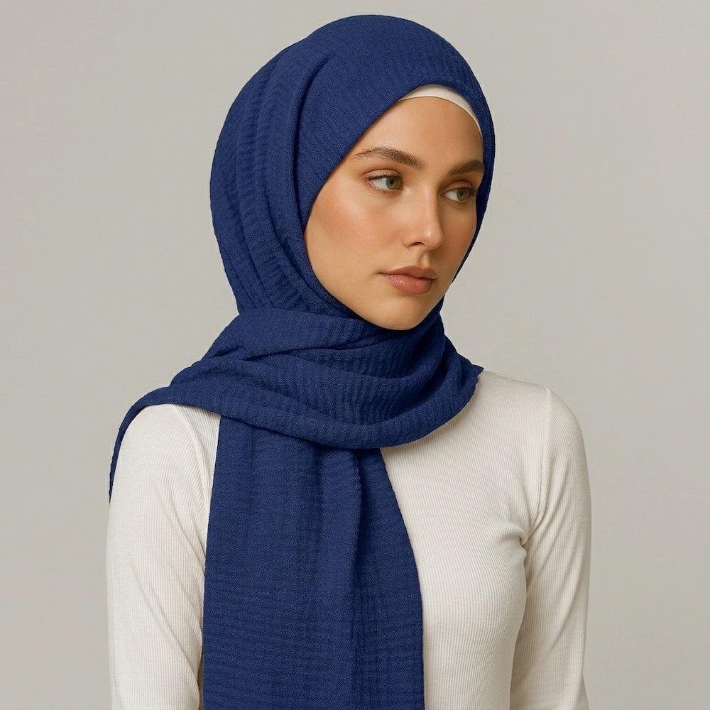 Royal Navy Crimps Hijab in deep navy textured crimp fabric for modest styling