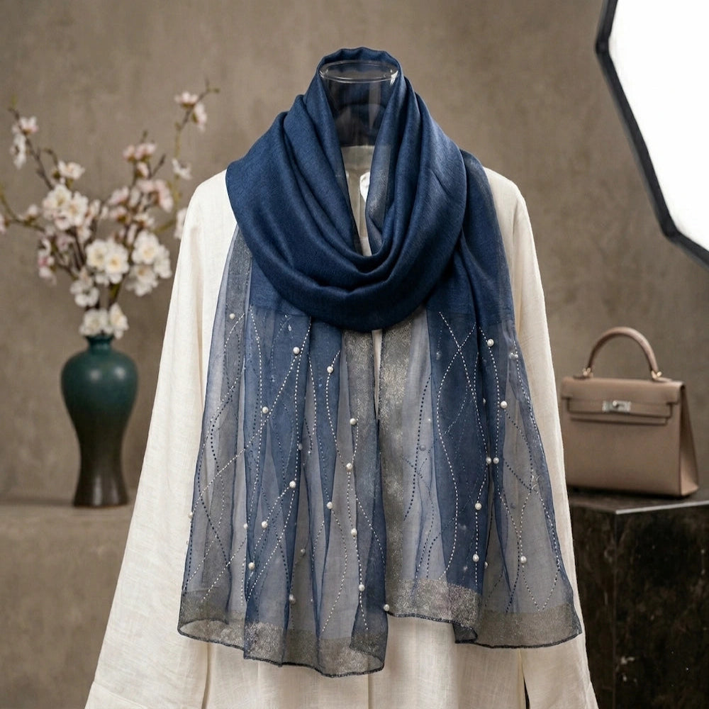 Royal blue pearl embellished organza hijab for wedding and formal wear
