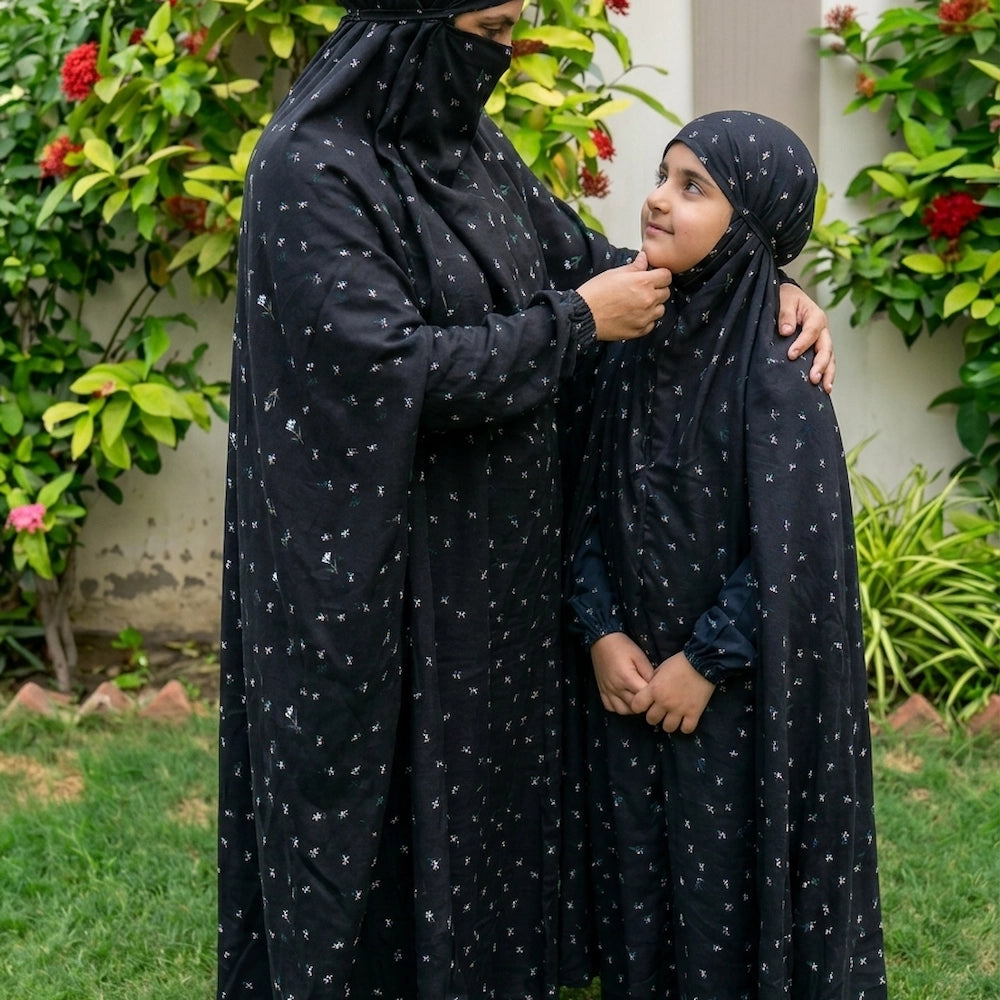 Matching Black Green Floral Mother & Daughter Namaz Chaddar Set