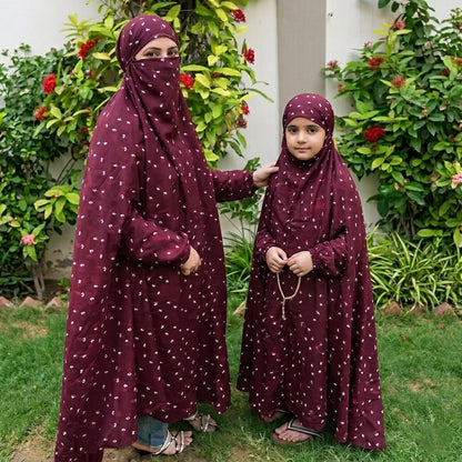 Matching maroon floral mother and daughter Namaz Chaddar prayer set