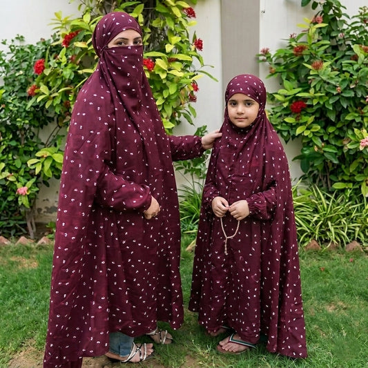 Matching maroon floral mother and daughter Namaz Chaddar prayer set