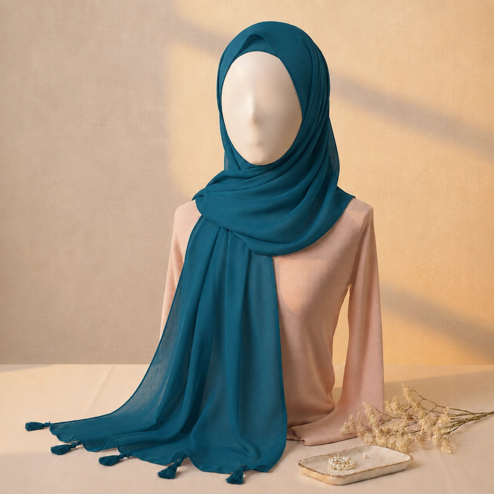 Ocean teal lawn tassel hijab with lightweight breathable lawn fabric