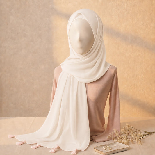 Light offwhite pink lawn tassel hijab with breathable lawn fabric and tassel border