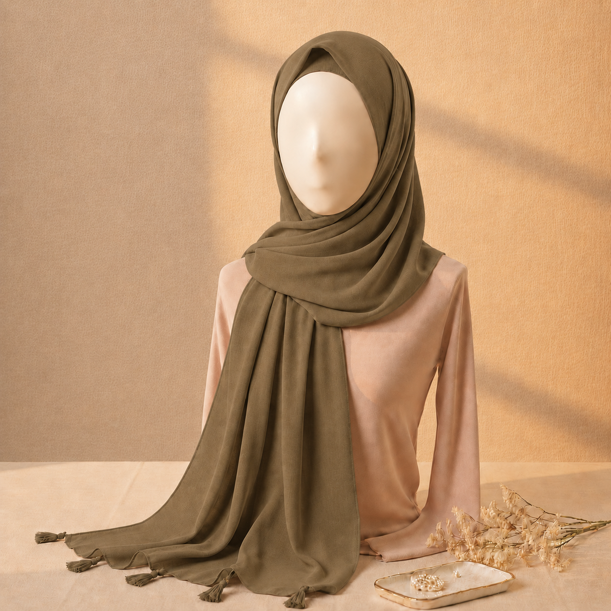 Olive brown lawn tassel hijab with breathable lawn fabric and tassel border