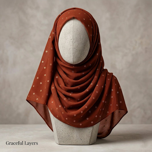 burnt orange lawn hijab with gold floral foil breathable lightweight summer hijab

