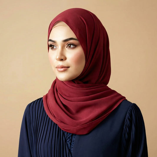 Woman wearing paprika georgette hijab styled neatly with warm earthy tone