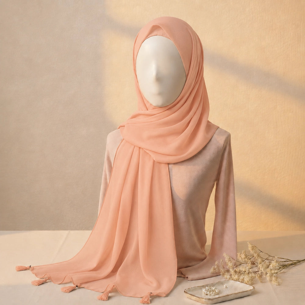 Peach lawn tassel hijab with breathable lawn fabric and tassel borders