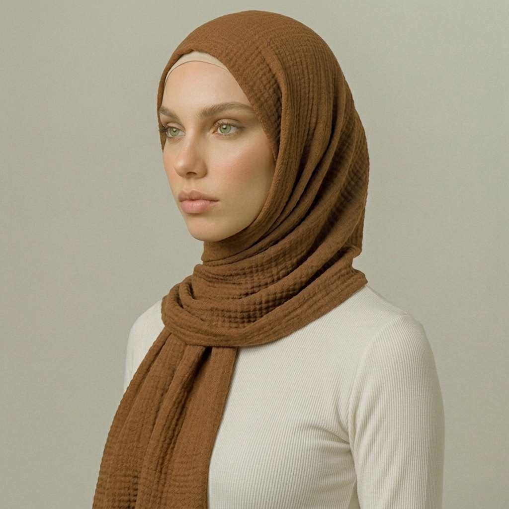 Peanut Butter Crimps Hijab in warm tan textured breathable fabric