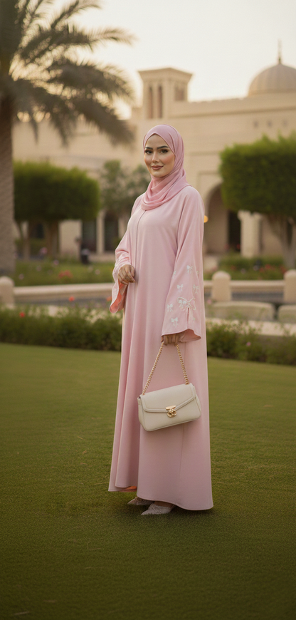 Pink Nida Abaya with Embroidered Sleeve Bow