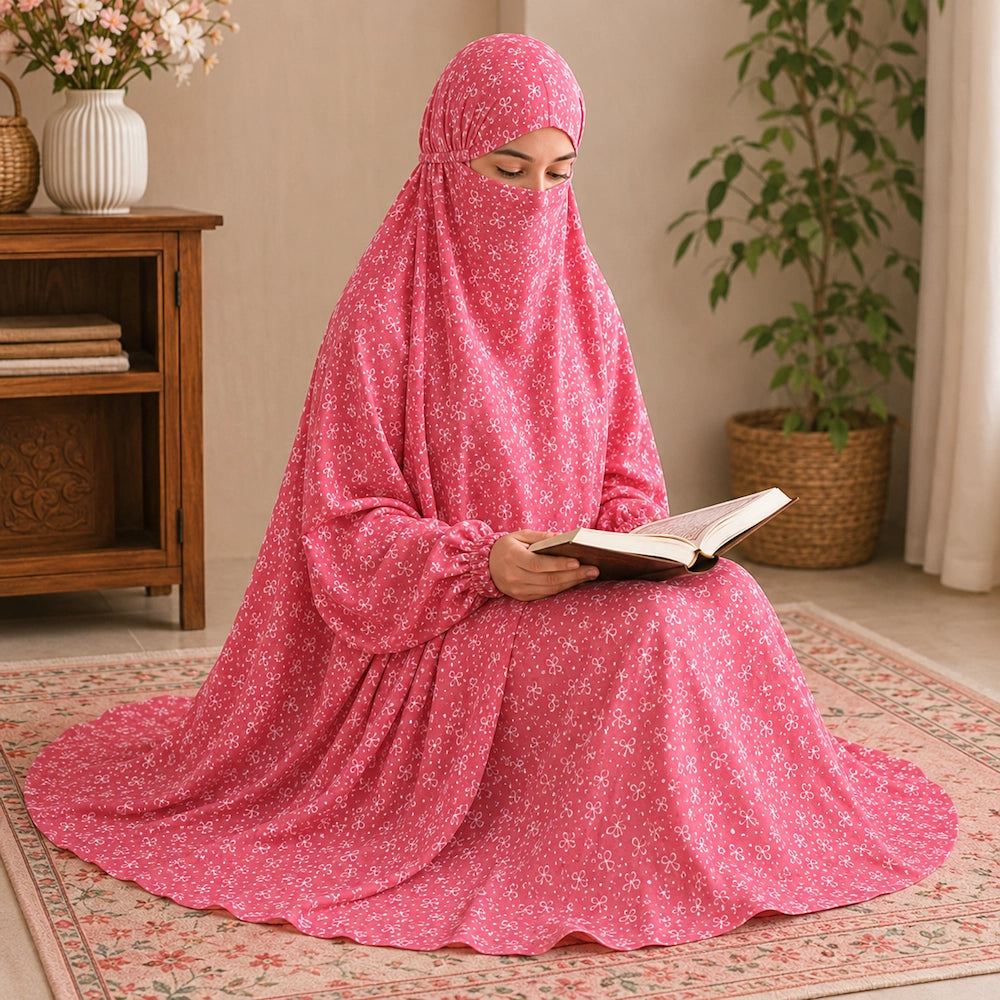 Pink Printed Namaz Chaddar for Women with Built In Veil and Elastic Sleeves