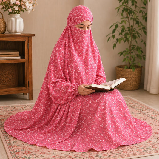 Pink Printed Namaz Chaddar for Women with Built In Veil and Elastic Sleeves