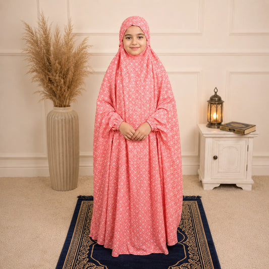 Pink Printed Kids Namaz Chaddar for Girls and Full Coverage Design