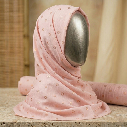 blush pink lawn hijab with gold floral foil lightweight breathable hijab pakistan
