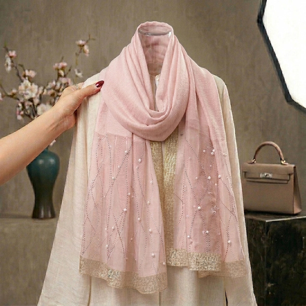 baby pink pearl embellished organza hijab with soft feminine elegant drape for weddings
