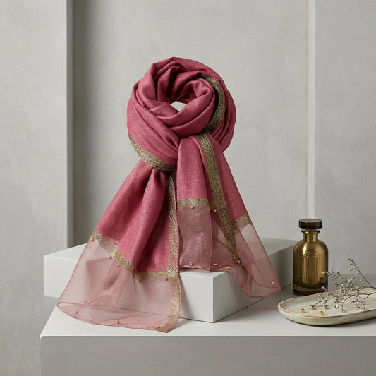 Pink organza hijab gold pearl embellishments elegant hijab Pakistan
