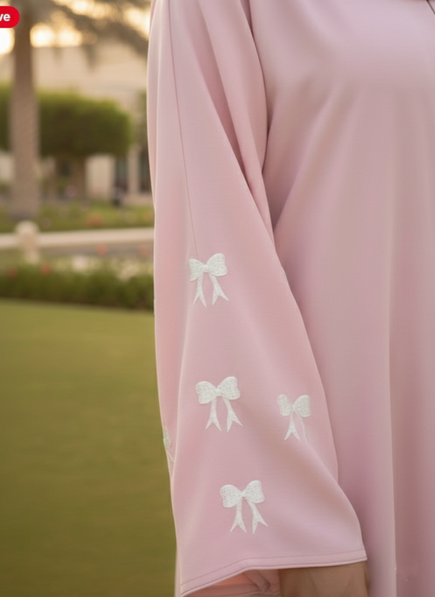 Pink Nida Abaya with Embroidered Sleeve Bow